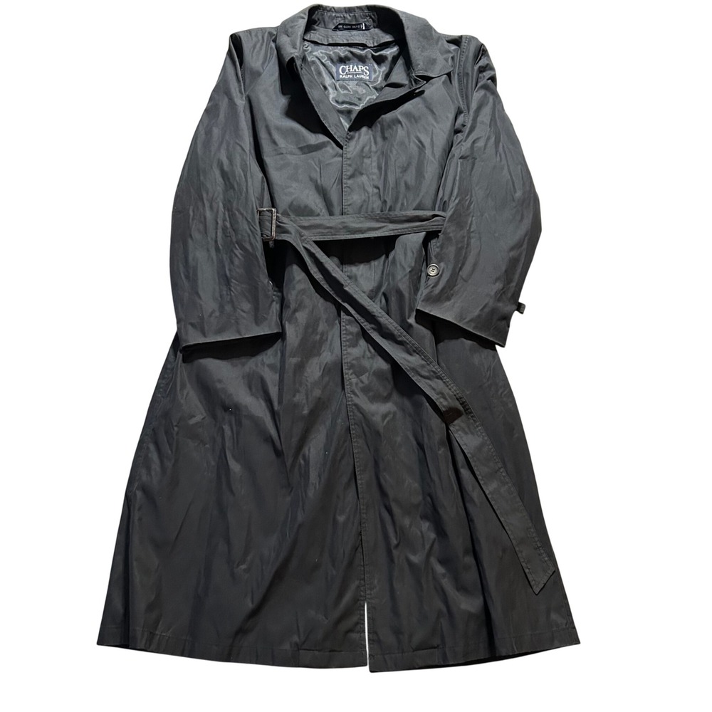 Chaps Ralph Lauren Trench Coat Mens 44L Black Belted Removable Wool Liner Long